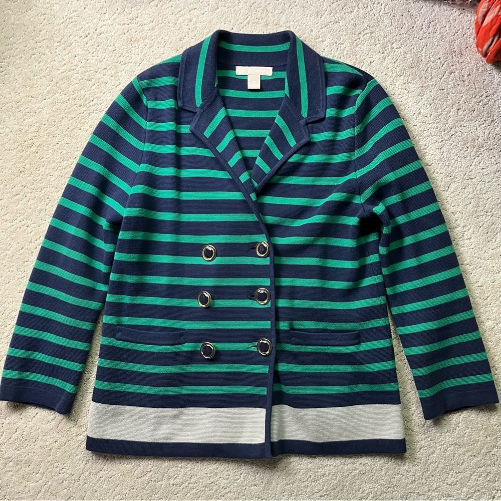 Banana Republic Sweater Blazer Cardigan Cotton Striped M Double-Breasted Green